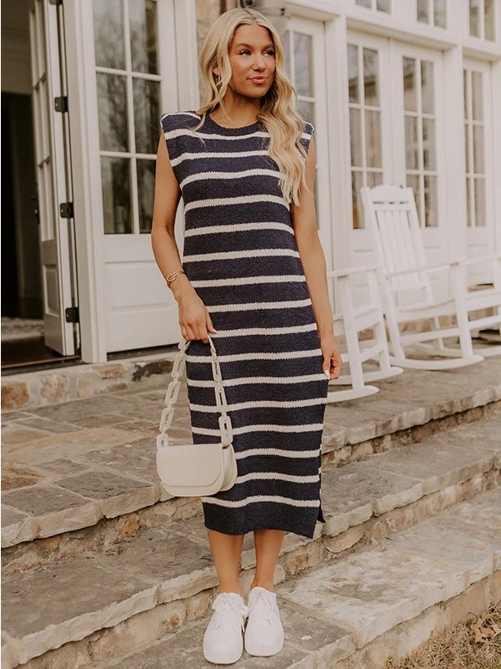 Strut & Bolt NEW Stripe Knit Textured Shoulder Pad Midi Dress Coastal Size S